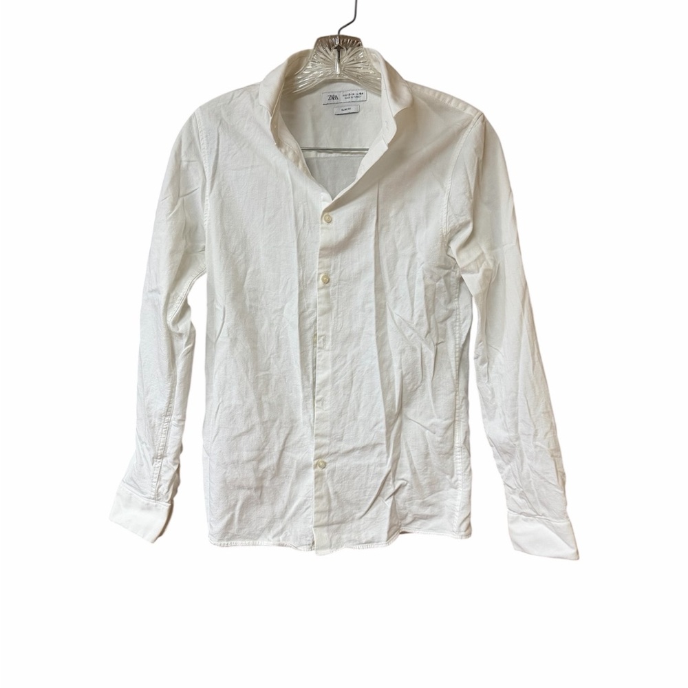 Zara Slim Fit Boy's Button Down White Shirt Long Sleeve Size 13-14